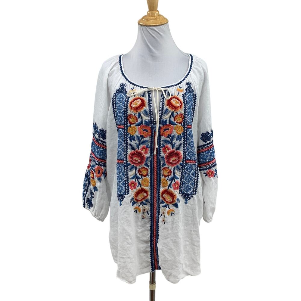 Johnny Was Blouse Womens L Large White Cadet Workshop Cinch Cuff Embroidered